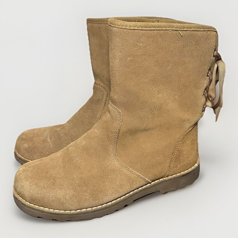UGG Corene Chesnut Tan Suede Side Zipper‎ Lace Up Back Boots Youth 4